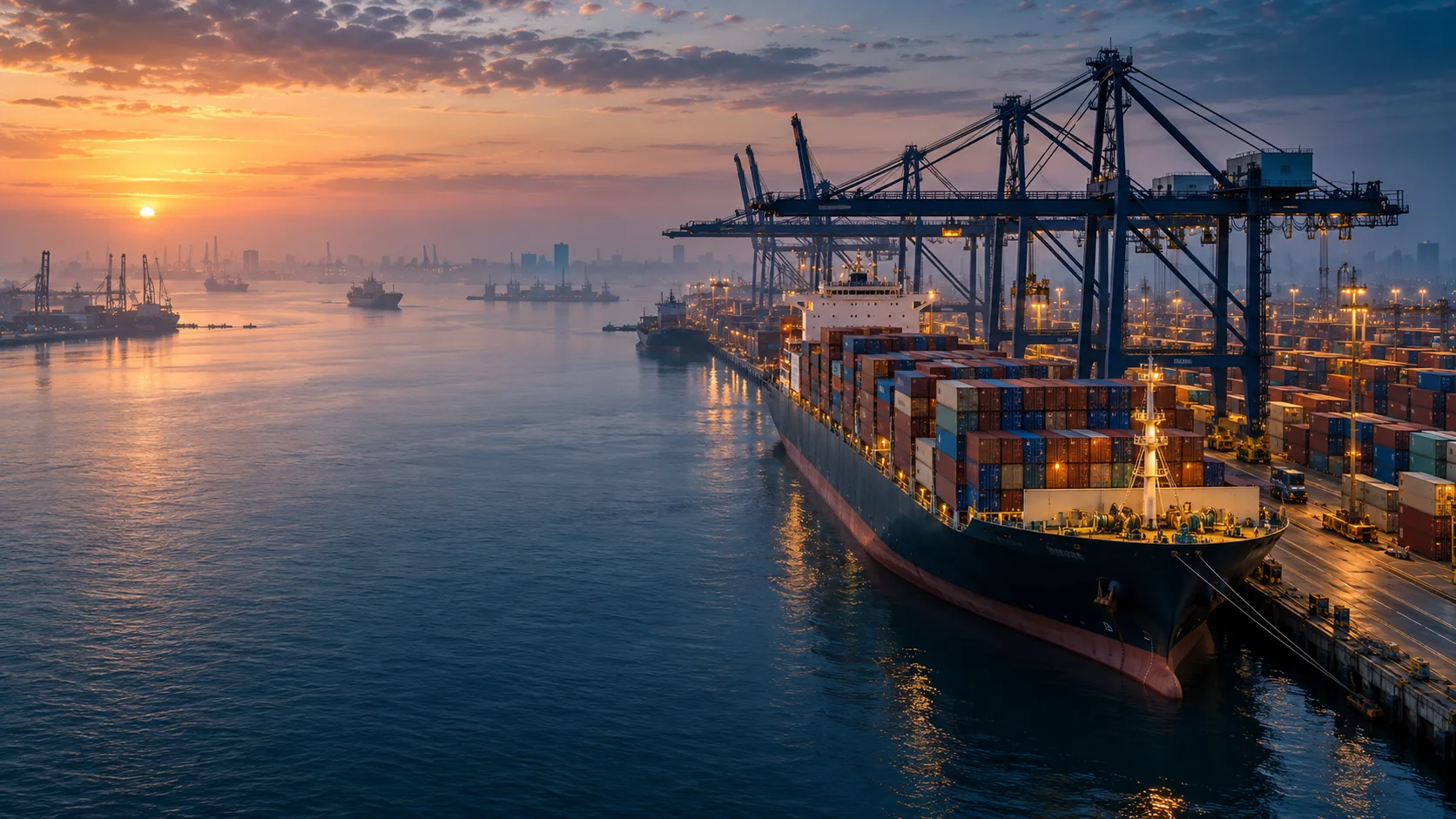 Illustrative container vessel and cranes at a commercial seaport