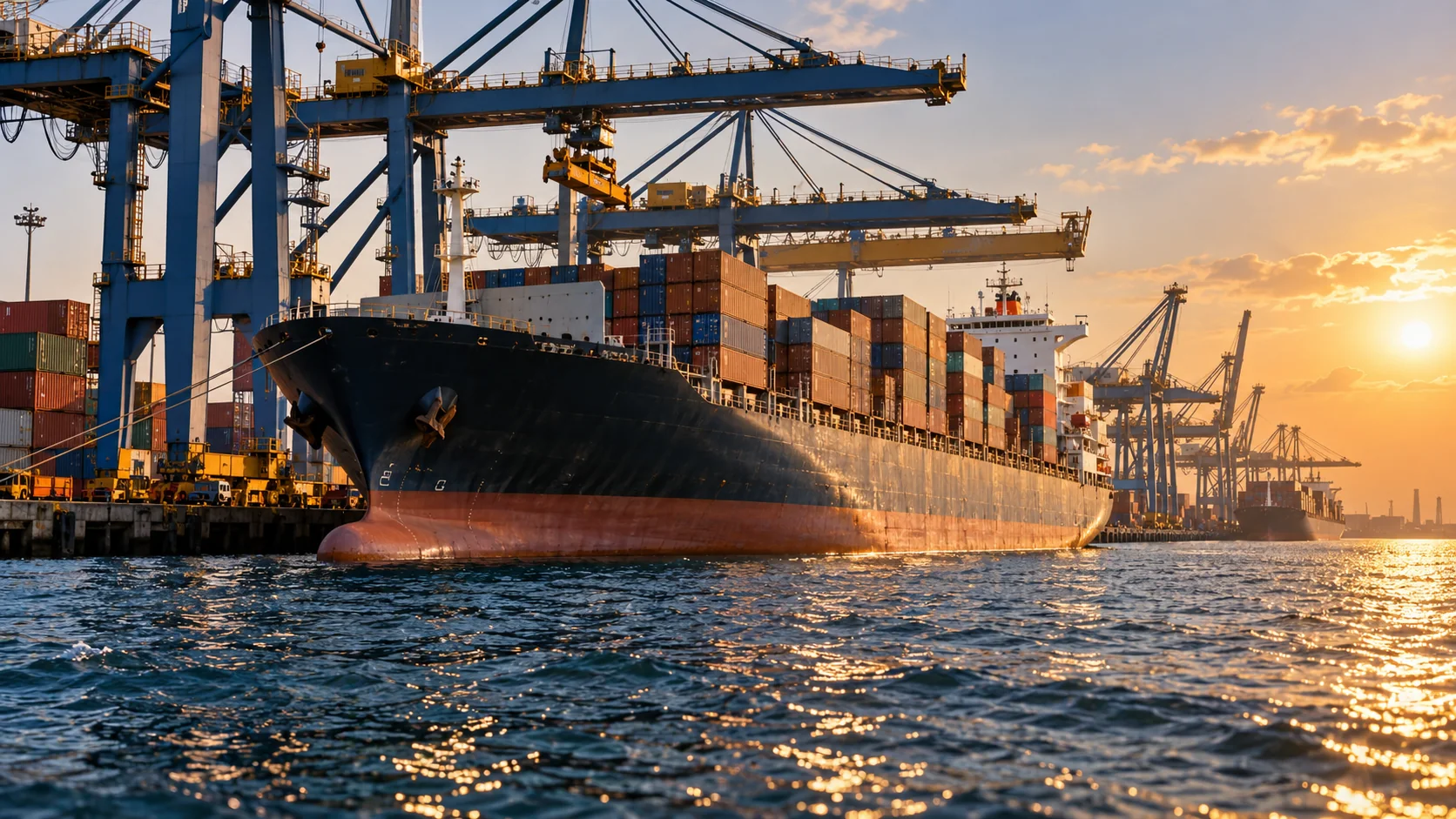 Cargo vessel alongside port cranes